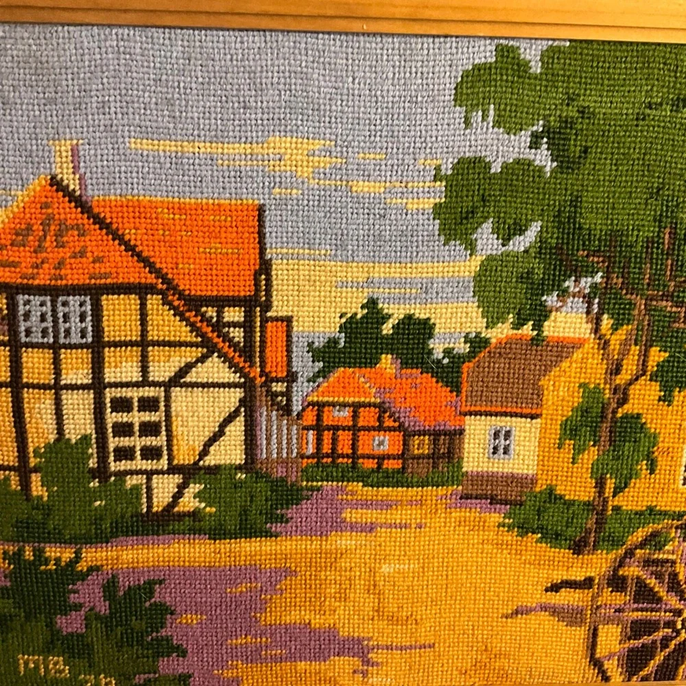 Vintage 1976 Framed Bucilla‎ Needlepoint Tapestry Village Folk Art Cottagecore